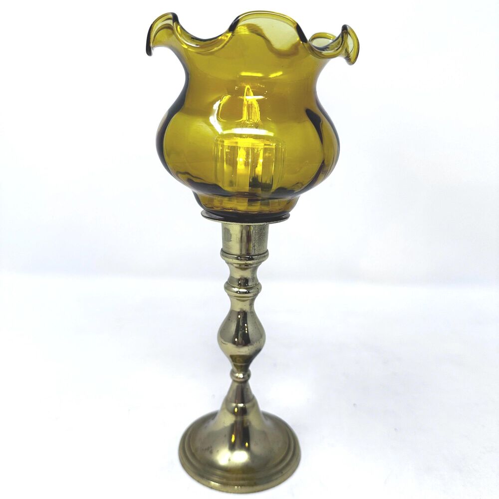 Vintage Amber Glass Brass Hurricane Candle Holder Ruffled Candlestick 8.5 x 3.5
